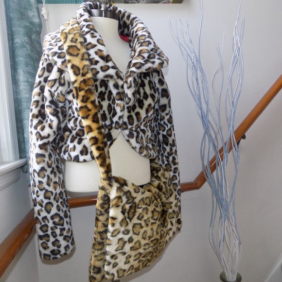 COOL ATTITUDES Leopard Faux Fur Jacket Size Small & Crossbody Purse Ladies Set - Picture 4 of 7
